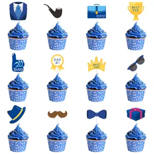 12-piece Happy Father's Day cupcake toppers featuring blue and yellow holiday themed designs