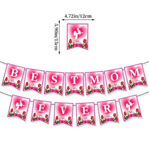 Pink Mother's Day Best Mom Ever banner with heart tulip designs and sizing details