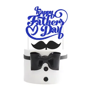 Blue glitter Happy Father's Day cake topper set with mustache decor on tuxedo cake