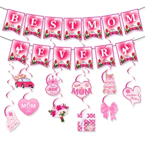 Mother's Day Party Decoration Set Best Mom Ever Paper Banner Pink Heart Swallowtail Flag Hanging Spiral Swirls For Mother
