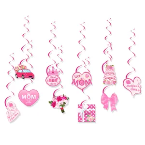 Mother's Day pink hanging swirls and cardstock pendants with Best Mom Ever text