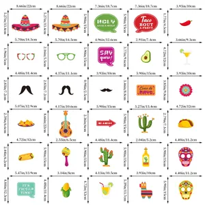 30-piece Mexican Fiesta photo booth props set with taco cactus and sombrero hats