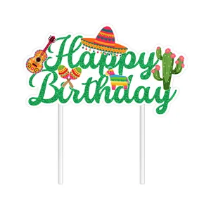 Glittery Happy Birthday cake topper with Mexican Fiesta elements like cactus and guitar