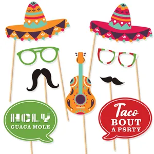 Mexican Fiesta photo booth props set with Sombrero, guitar, and funny signs on white background