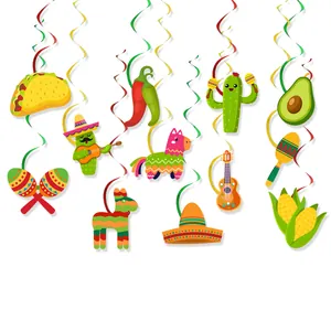 Mexican fiesta party hanging swirls set with cactus and taco paper cutouts