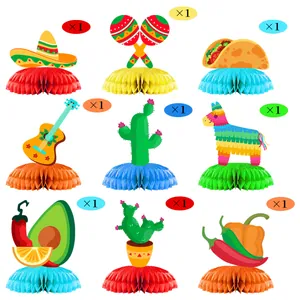 Détail de 9 centres de table en nid d'abeille mexicains incluant tacos, guitare et cactus