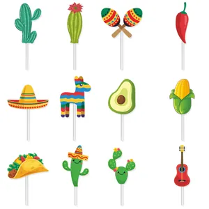 Set of 12 Mexican Fiesta cupcake toppers with cactus, taco, and piñata shapes