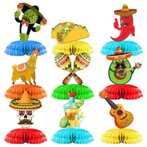 Set de 9 décorations Fiesta mexicaine en nid d'abeille avec motifs cactus, taco et guitare