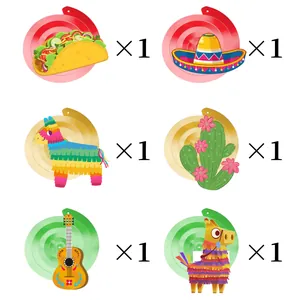 Close-up of Mexican fiesta hanging swirls featuring taco, piñata, and cactus designs