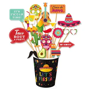 Mexican fiesta party photo booth props set with taco, cactus and sombrero on white background