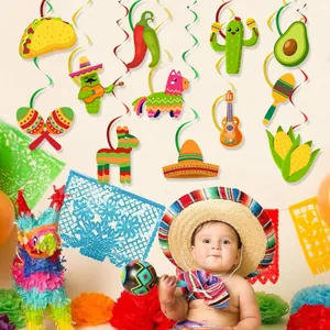 Detail of colorful Mexican Fiesta party swirls featuring tacos, cactus and piñatas