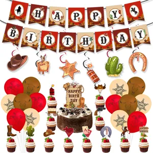 Set decorazioni compleanno tema cowboy western con striscioni palloncini e topper