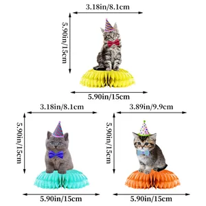 Three cat-themed party honeycomb centerpieces with party hats and size dimensions