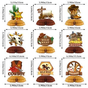 9-piece set of Western Cowboy honeycomb centerpieces for wild party table decoration