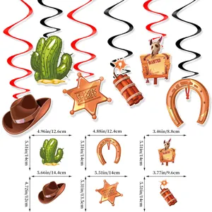 Decorazioni per feste cowboy western con cappelli, stelle e cactus su sfondo bianco