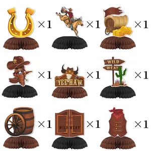 9-piece set of Western Cowboy party honeycomb centerpieces with Wild West desert designs