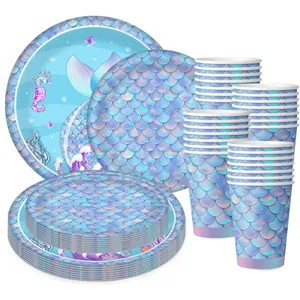 Mermaid Theme Birthday Disposable Tableware Scale Pattern Paper Plates Cups Plastic Knives Forks Spoons Party Supplies
