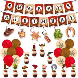Set decorazioni compleanno tema Cowboy con striscioni palloncini e topper per torta