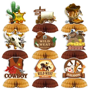 Cowboy Western Party Honeycomb Centerpieces Wild West Table Decorations Retro Sheriff Badge Cactus Wagon Desktop Paper Decor For Birthday Party