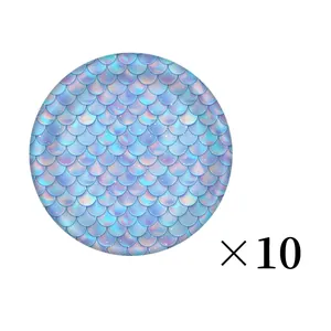 Detail of 10pcs iridescent mermaid scale pattern round glass charms in blue and purple