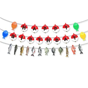 Kit de bannière Happy Birthday thème pêche avec flotteurs rouges et poissons réalistes