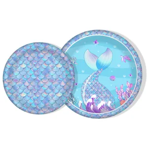 Mermaid party paper plates with fish scale pattern and mermaid tail ocean design