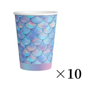 Close-up of holographic mermaid scale pattern on 10pcs disposable party paper cups