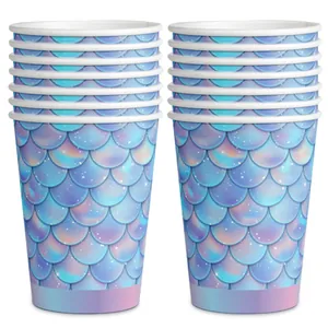 Mermaid scale disposable paper cups in purple and blue gradient for birthday parties