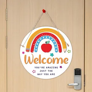 Back To School Welcome Door Sign Paper Hanging Tag Classroom Decoration Pencil Apple Rainbow Design For Students Teachers
