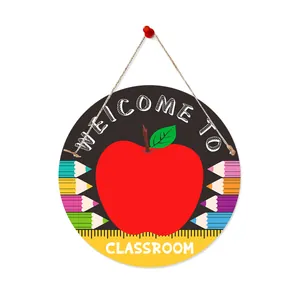 Round wooden welcome to classroom door sign with pencil and apple design for school decor