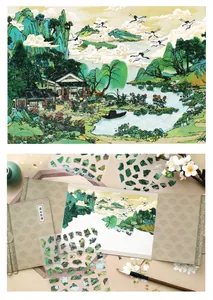 Detail of DIY landscape puzzle stickers with Chinese scroll base and mountain scenery