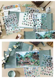 Macro detail of Chinese garden themed scenery stickers with vintage scroll design