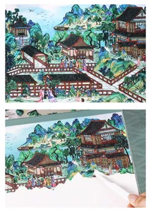 Detail of DIY 2.5D Chinese puzzle sticker with classical architecture and garden scenery