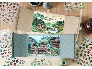 Detailed view of DIY landscape stickers with traditional Chinese architecture and gardens