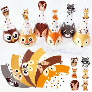 Forest Animal Birthday Party Hats DIY Paper Cartoon Fox Hedgehog Raccoon Deer Owl Squirrel Decorative Cap For Kids Celebration