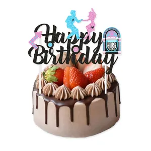 1950s Retro Rock Theme Happy Birthday Cake Topper With Jukebox Dancing Couple Glitter Paper Decoration For Party