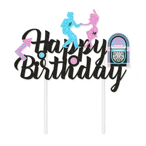50s Rock Theme Happy Birthday Glitter Cake Topper with Jukebox and Dancers Design