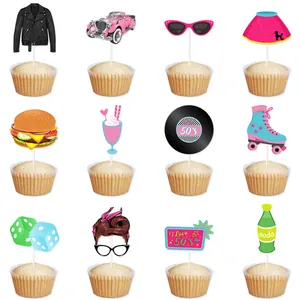 1950s Retro Theme Cupcake Toppers Paper Vinyl Record Pink Car Diner Style Cake Decor For Birthday Party Celebrations