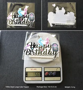 Detail view of 1950s retro cake topper dimensions and weight on a scale for party decor