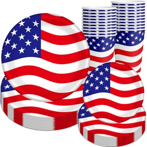 Vajilla para Fiesta del Día de la Independencia con Patrón de Bandera de EE. UU. Platos de Papel Desechables Vasos Cuchillos Tenedores Cucharas para Celebración del 4 de Julio