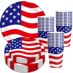 Vajilla de fiesta Día de la Independencia con platos y vasos de papel patrón bandera USA