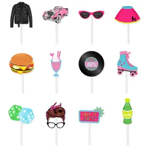 12-piece set of 1950s retro themed photo booth props including vinyl records and classic cars