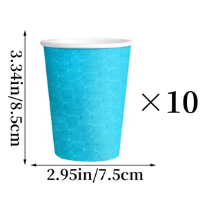 Gobelets en papier à motif d'eau bleue pour fêtes hawaïennes avec dimensions détaillées