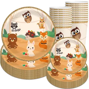 Jungle themed party tableware set with cartoon forest animals and gold trim
