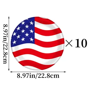Detalle de platos de papel de 23cm con bandera americana, pack de 10 para fiestas temáticas