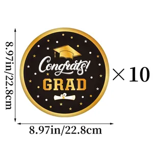Detail of 9-inch graduation party plates with Congrats Grad gold foil printing and 10pcs count