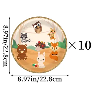 Jungle themed party paper plates with forest animals and gold glitter rim, 10 count