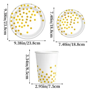Kit vaisselle jetable à pois dorés avec assiettes et gobelets et leurs dimensions