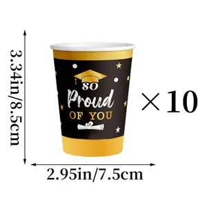 Detail of 2024 graduation paper cups with gold foil lettering and 8.5cm height dimensions