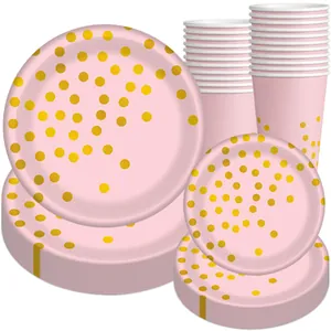 Kit vaisselle jetable rose avec pois dorés comprenant des assiettes et gobelets